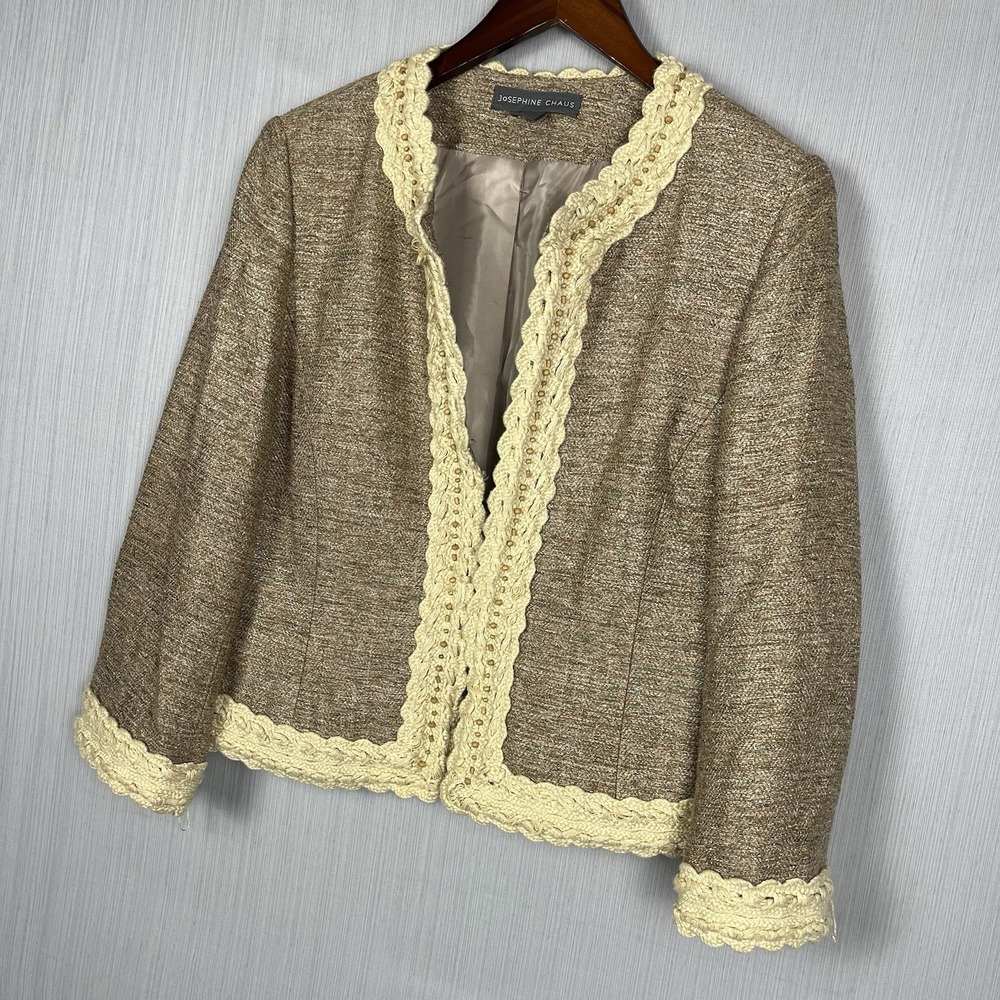 Josephine Chaus Open Front Tweed Blazer Womens 10 Brown Silk‎ Blend Boho Luxe